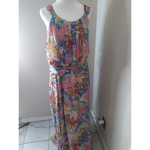 R & K Dress Maxi Multicolored Tie Neck Tie Belt Sz 20W Easter Spring Fairy... - Picture 1 of 16